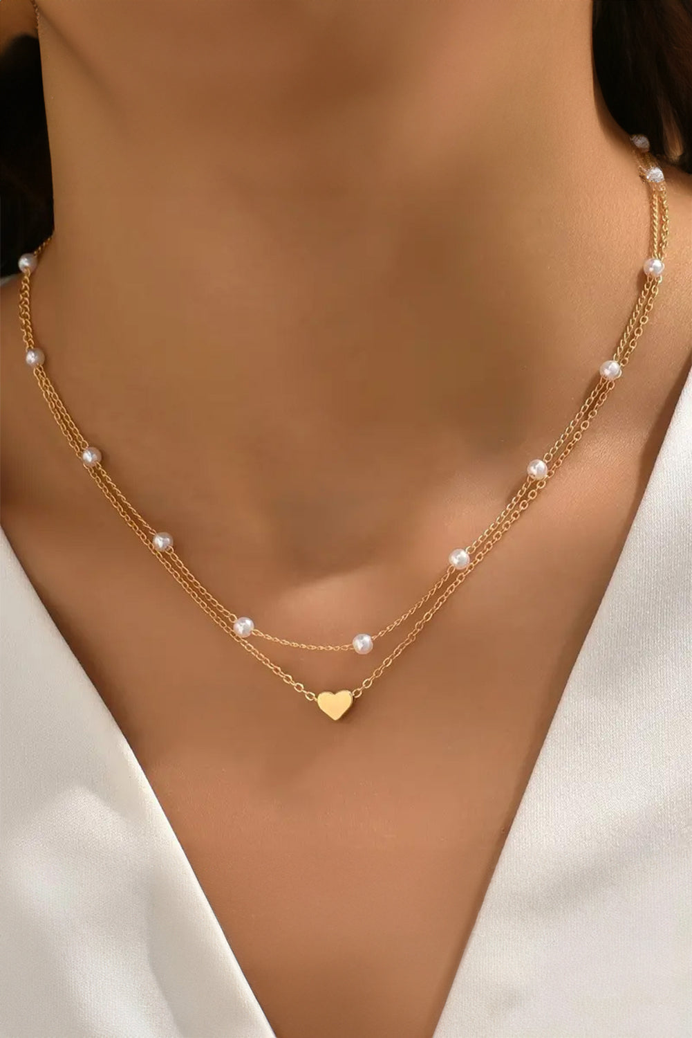 Gold Heart & Pearl Layered Necklace Dainty 2 Piece Chain Set