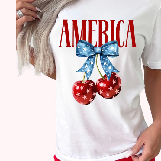 America Cherry Graphic Tee Patriotic Bow T-Shirt (S–3XL)