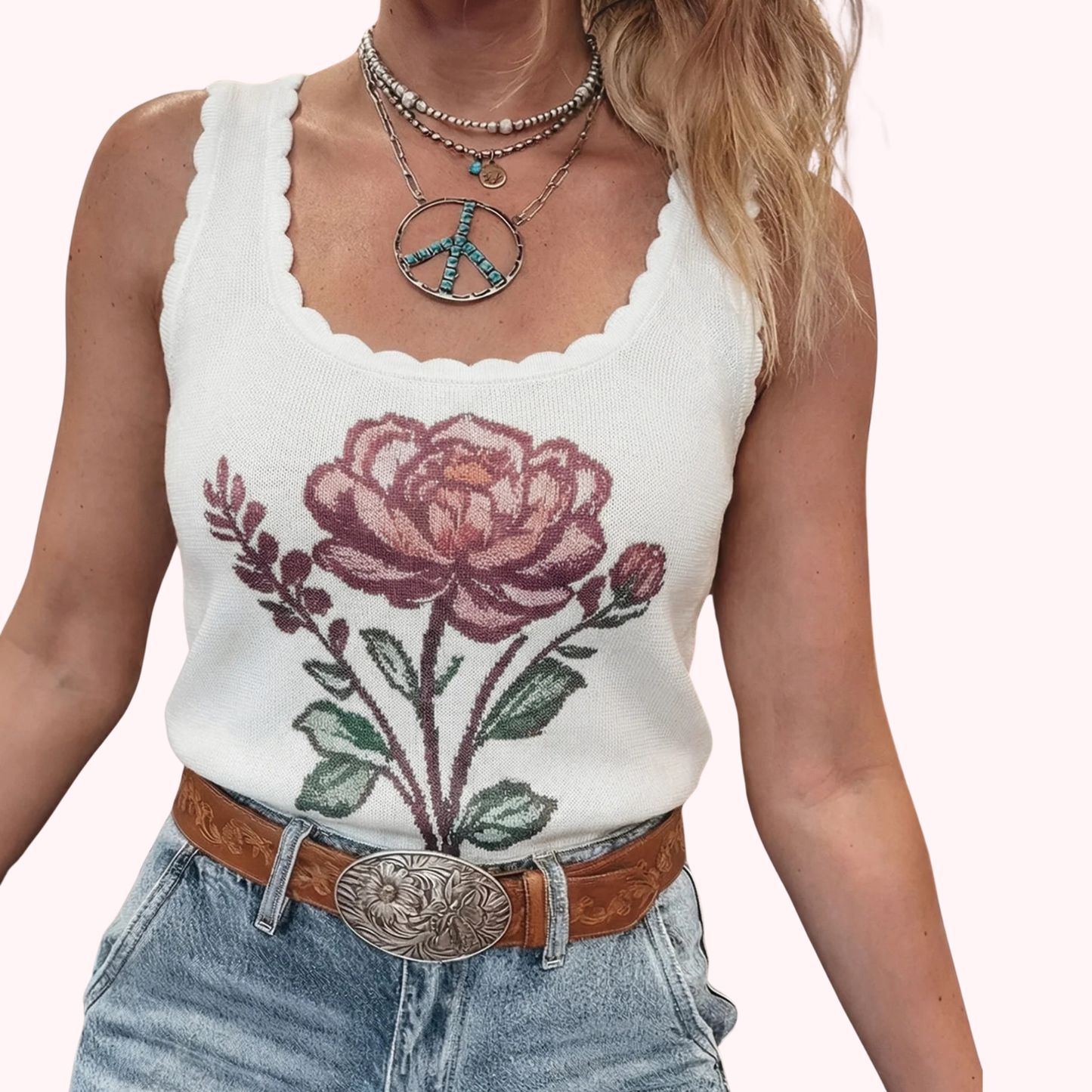 Retro Floral Knit Sweater Vest White Scalloped Trim Tank Top (S–XL)