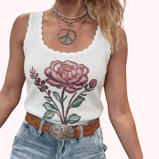 Retro Floral Knit Sweater Vest White Scalloped Trim Tank Top (S–XL)
