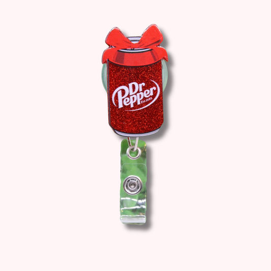Red Bow Sparkle Dr Pepper Can Badge Reel
