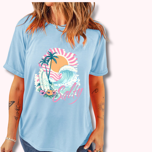Salty Beach Graphic Tee Light Blue Summer Vacation Surf Shirt (S–3XL)