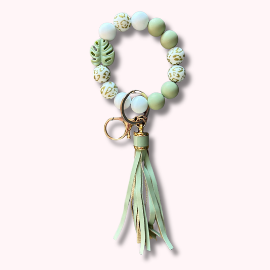 Sage Monstera Beaded Wristlet Keychain with Tassel