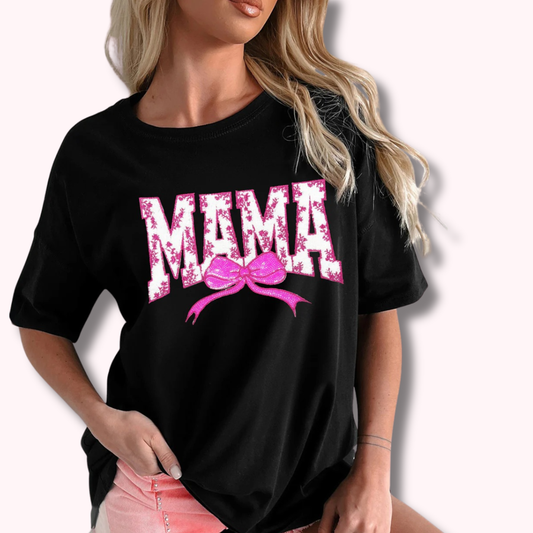 Floral MAMA Bow Graphic Tee – Black Cute Mom T-Shirt (S–3XL)