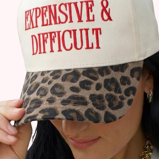 Expensive & Difficult Leopard Brim Hat Red Embroidered Statement Cap
