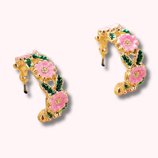 Gold Floral Hoop Earrings Pink Flower C-Shaped Statement Earrings
