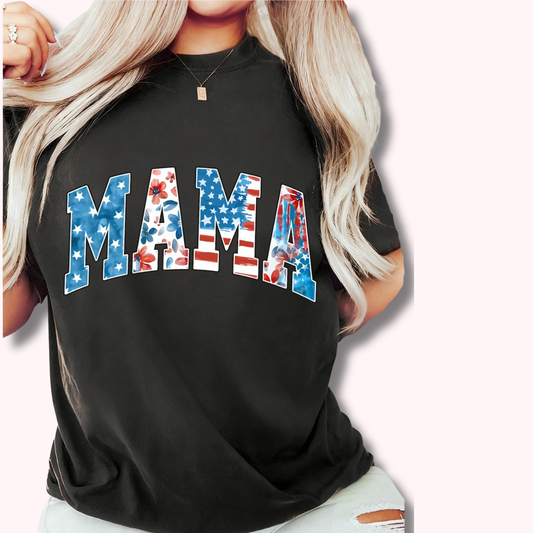 MAMA Patriotic Graphic Tee – Black Floral American Flag Shirt (S–3XL)