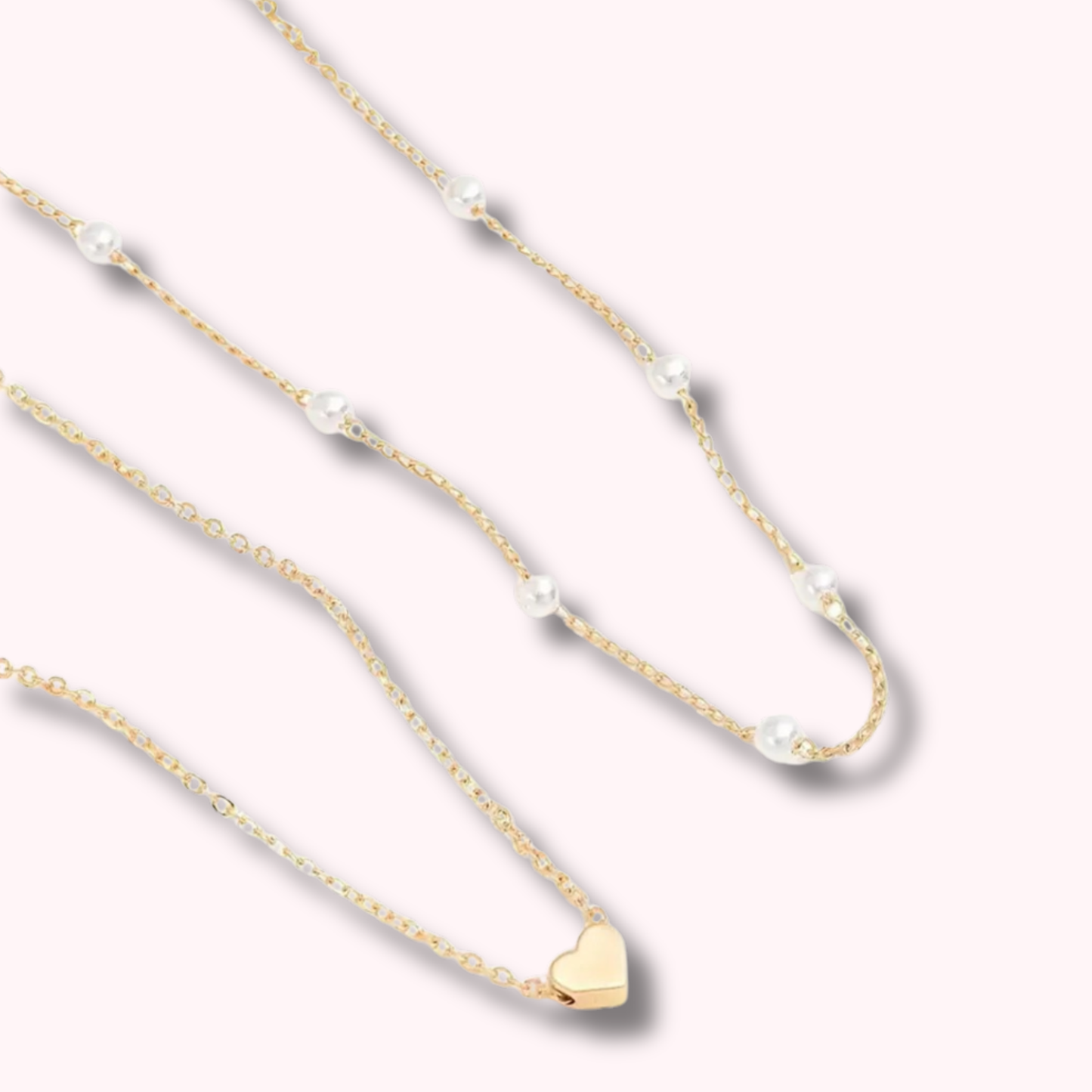 Gold Heart & Pearl Layered Necklace Dainty 2 Piece Chain Set