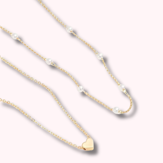 Gold Heart & Pearl Layered Necklace Dainty 2 Piece Chain Set