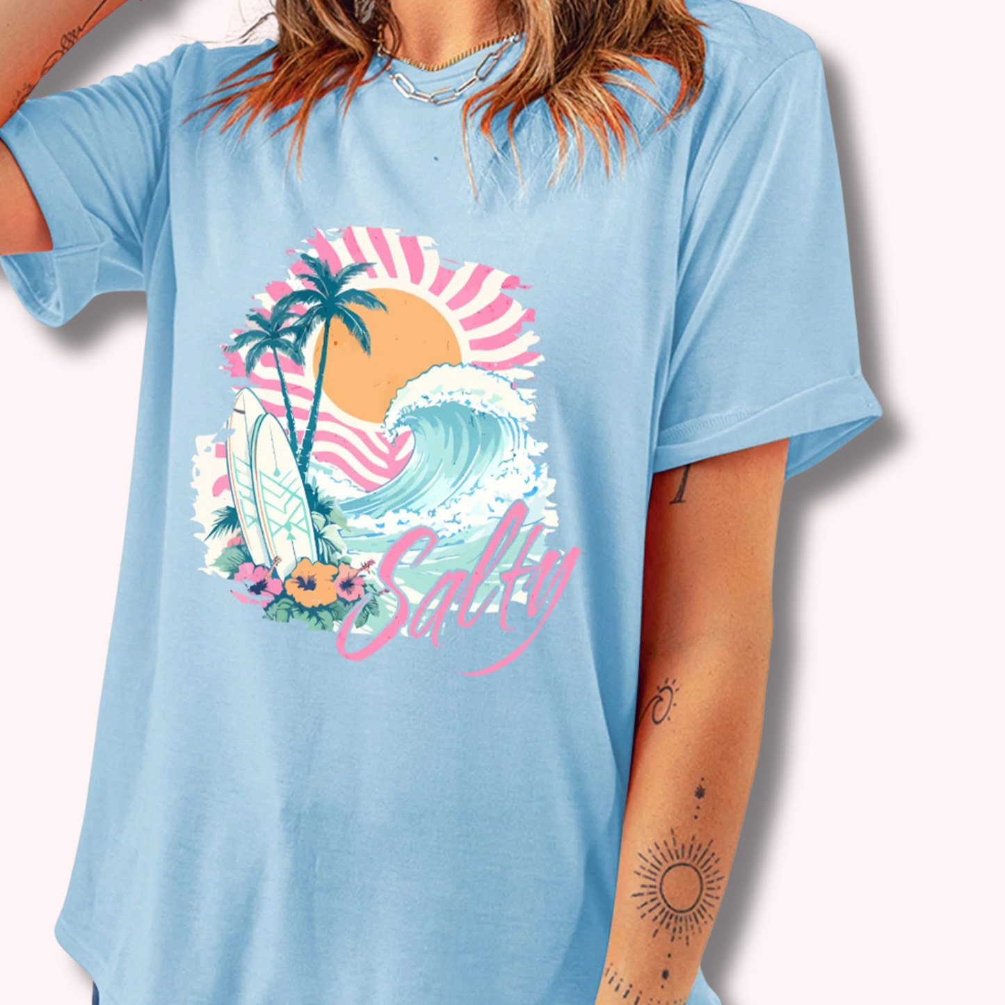 Salty Beach Graphic Tee Light Blue Summer Vacation Surf Shirt (S–3XL)