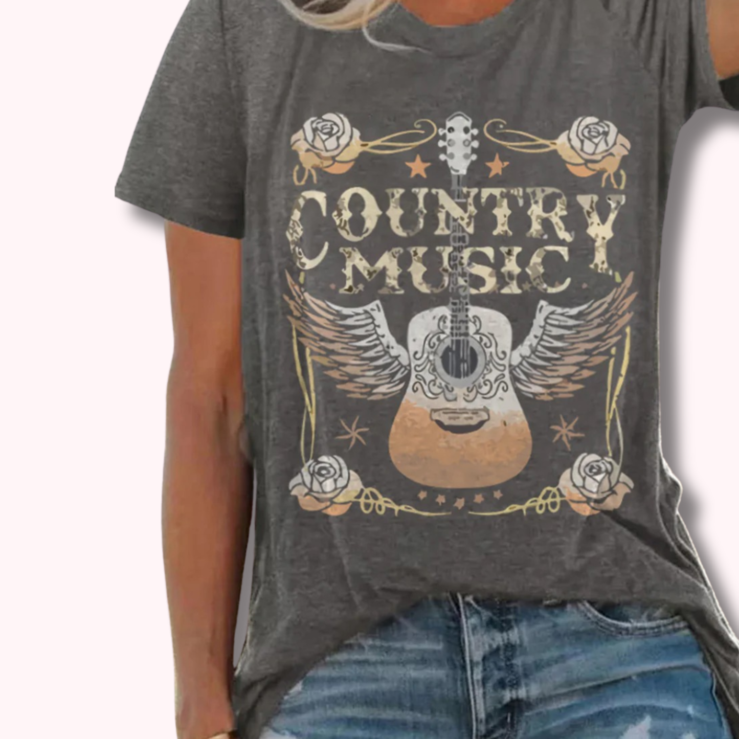 Country Music Graphic Tee Gray Guitar Western T-Shirt (S–3XL)