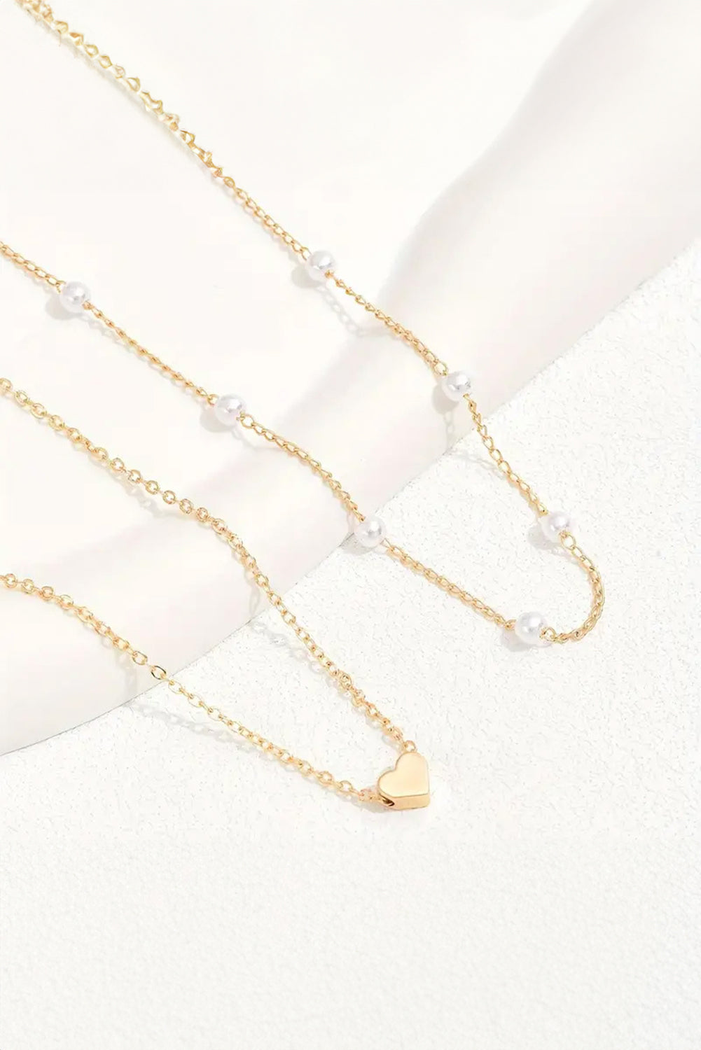 Gold Heart & Pearl Layered Necklace Dainty 2 Piece Chain Set