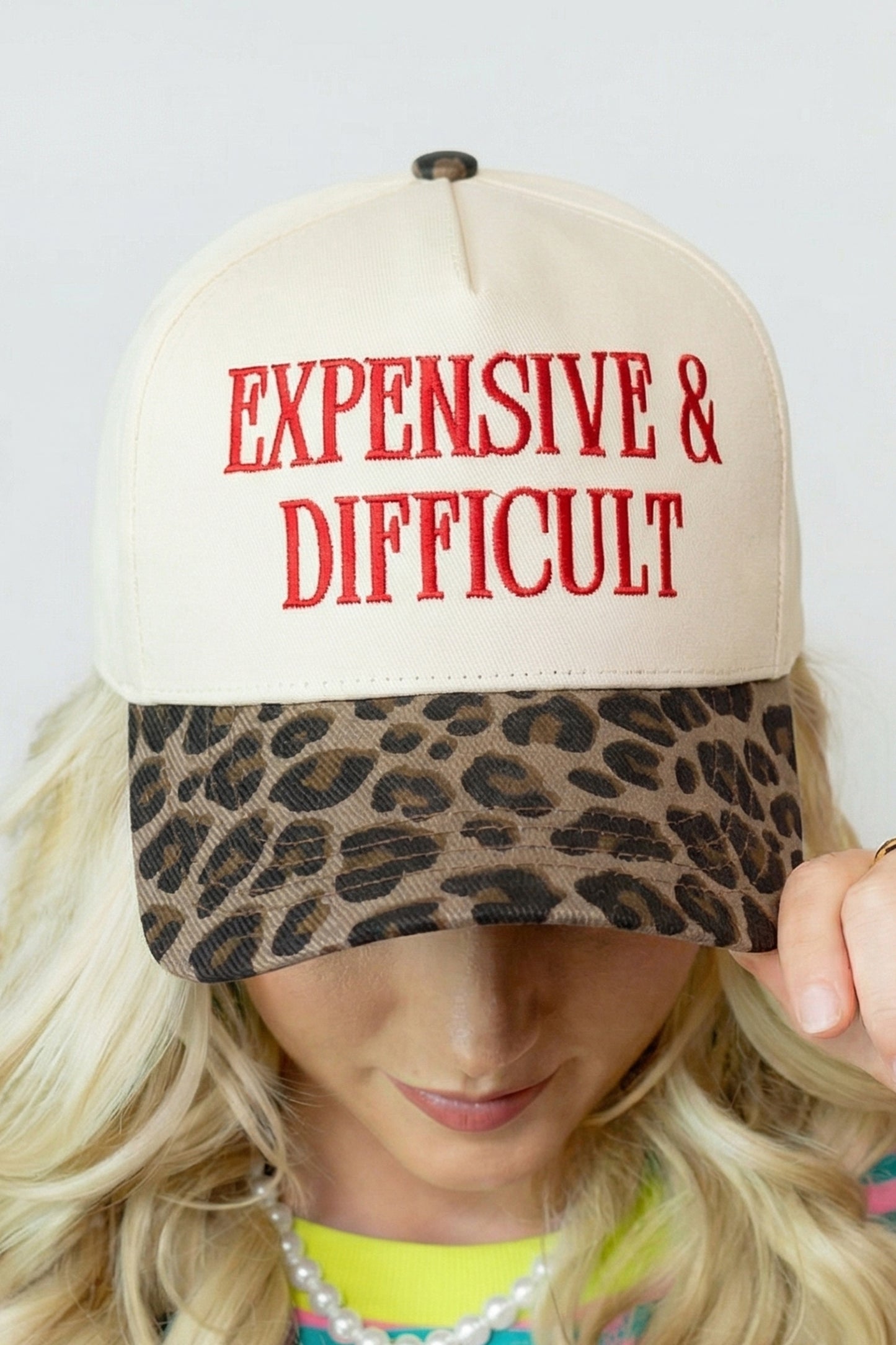 Expensive & Difficult Leopard Brim Hat Red Embroidered Statement Cap