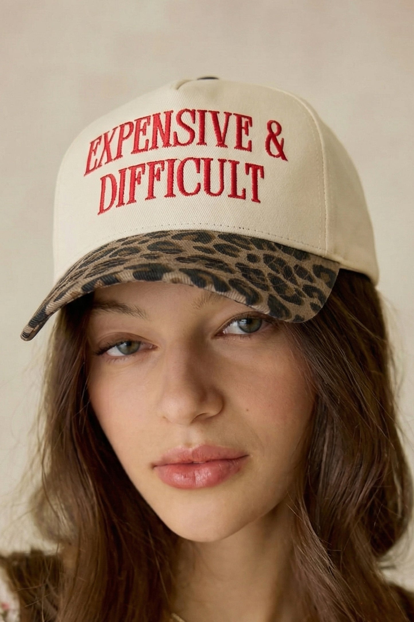 Expensive & Difficult Leopard Brim Hat Red Embroidered Statement Cap