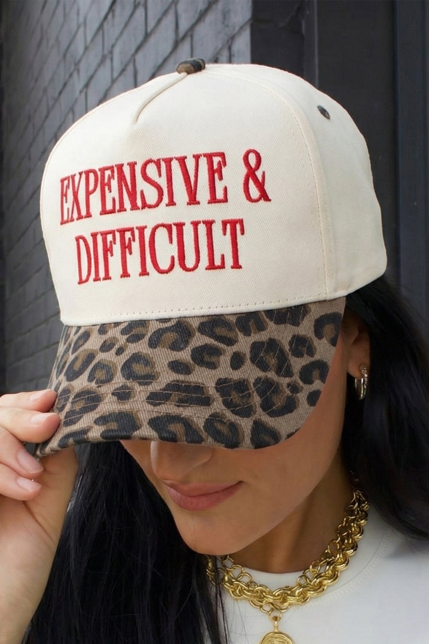 Expensive & Difficult Leopard Brim Hat Red Embroidered Statement Cap