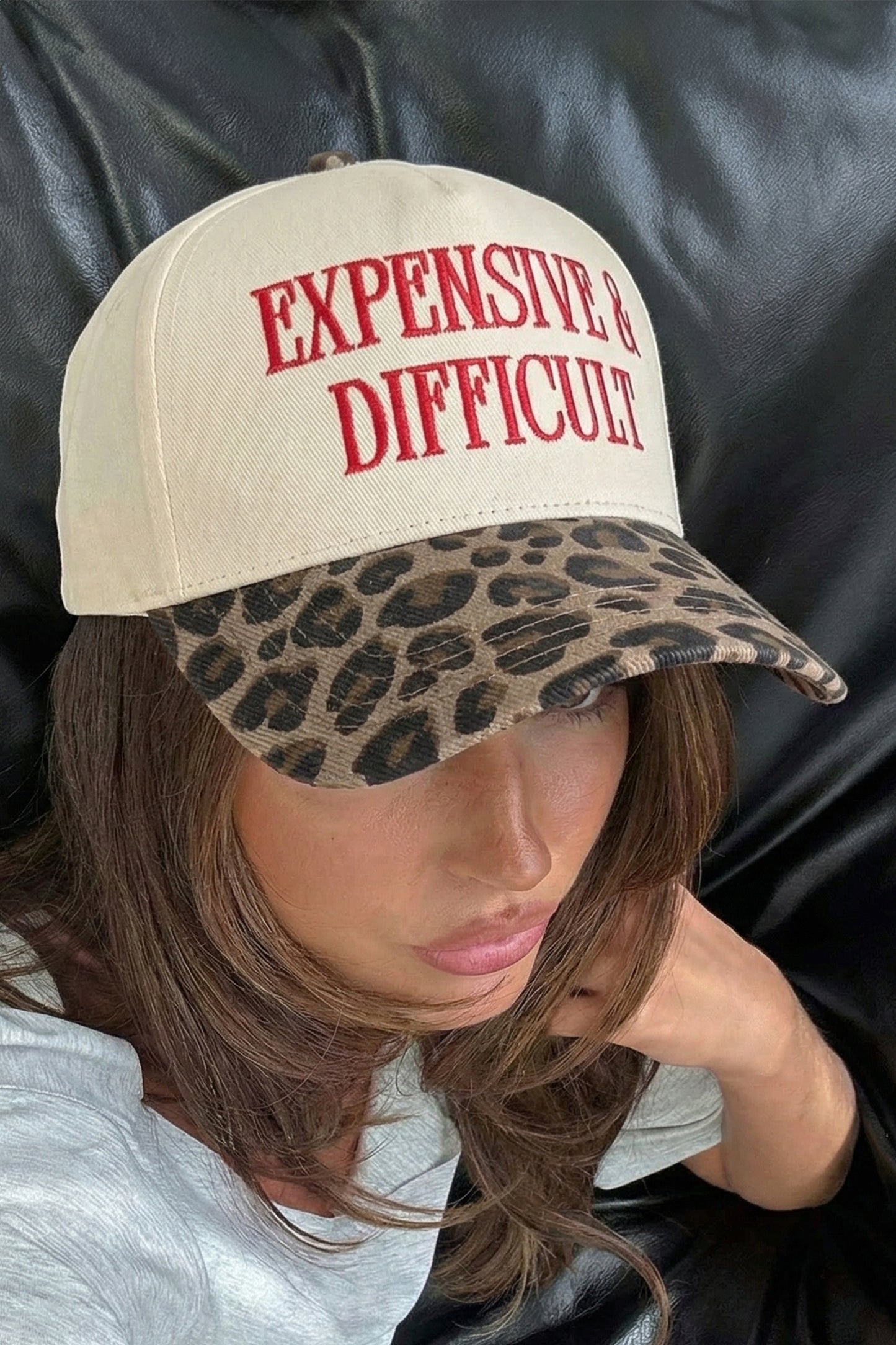 Expensive & Difficult Leopard Brim Hat Red Embroidered Statement Cap