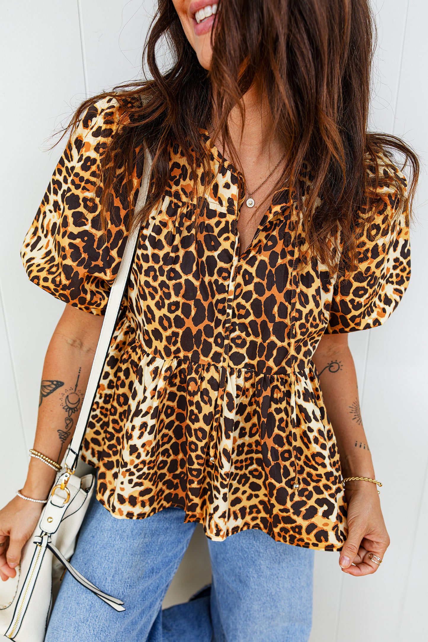Leopard Print Babydoll Blouse Puff Sleeve Slit Neck Top (S–XL)