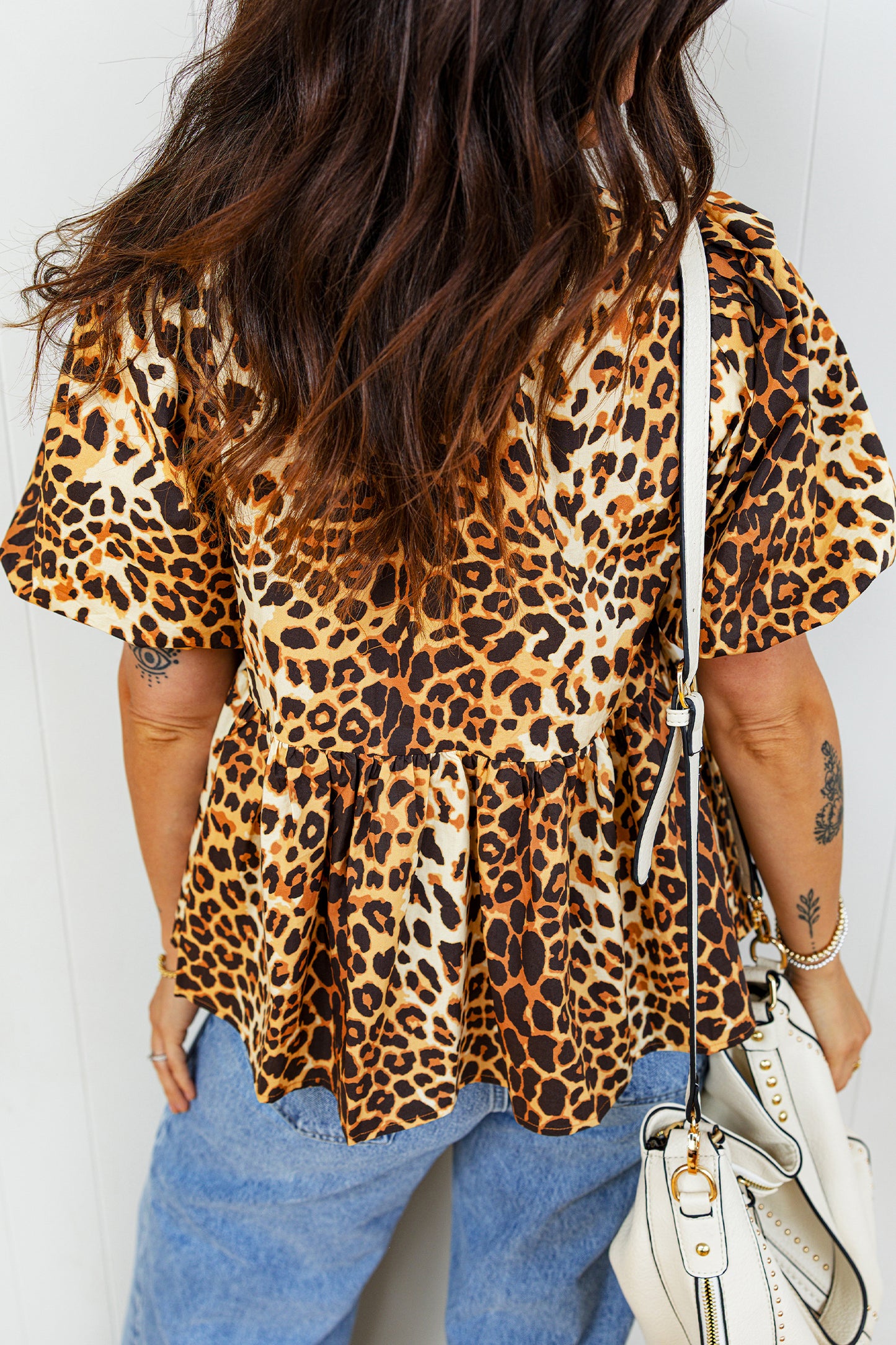 Leopard Print Babydoll Blouse Puff Sleeve Slit Neck Top (S–XL)