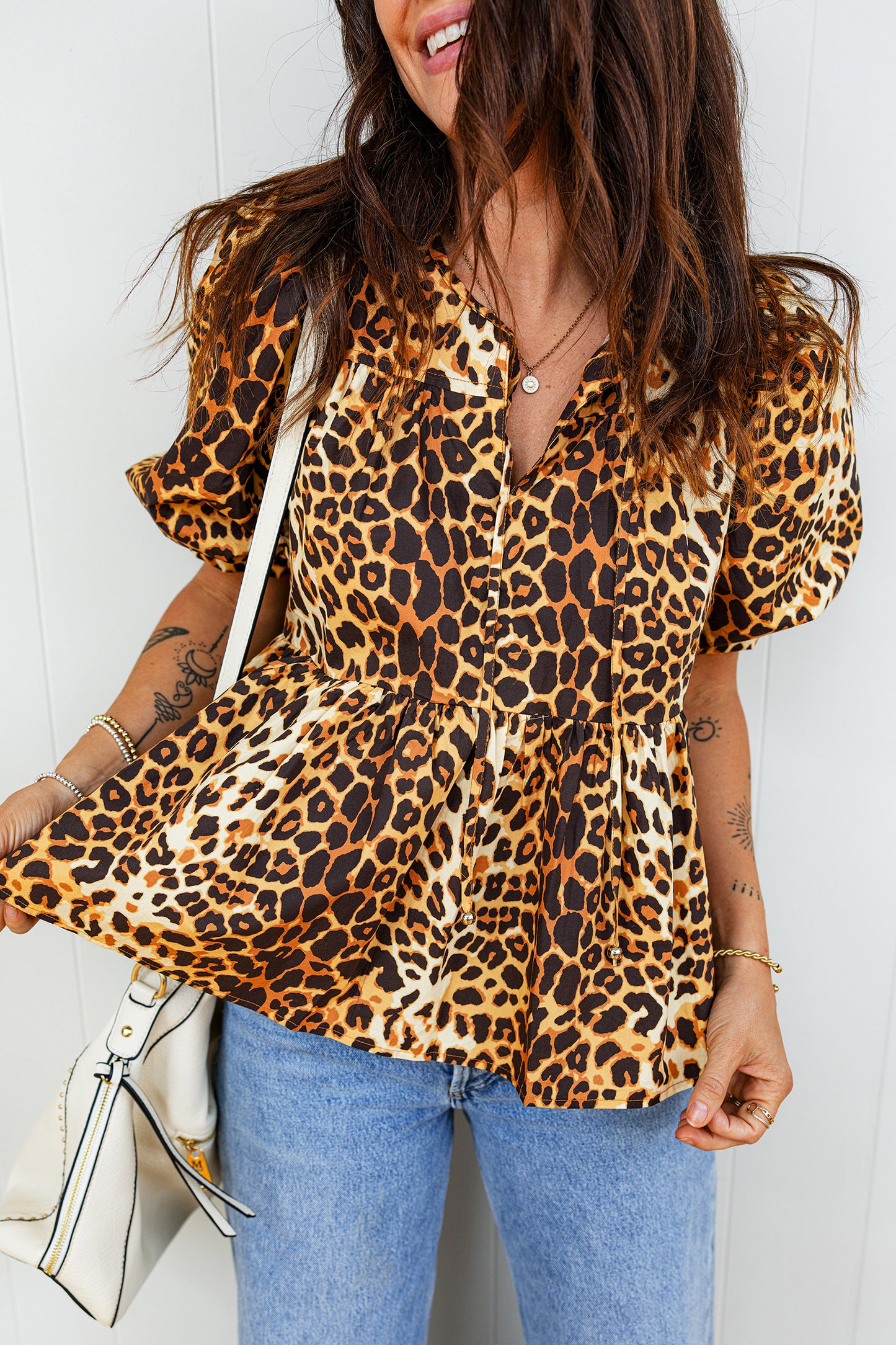 Leopard Print Babydoll Blouse Puff Sleeve Slit Neck Top (S–XL)