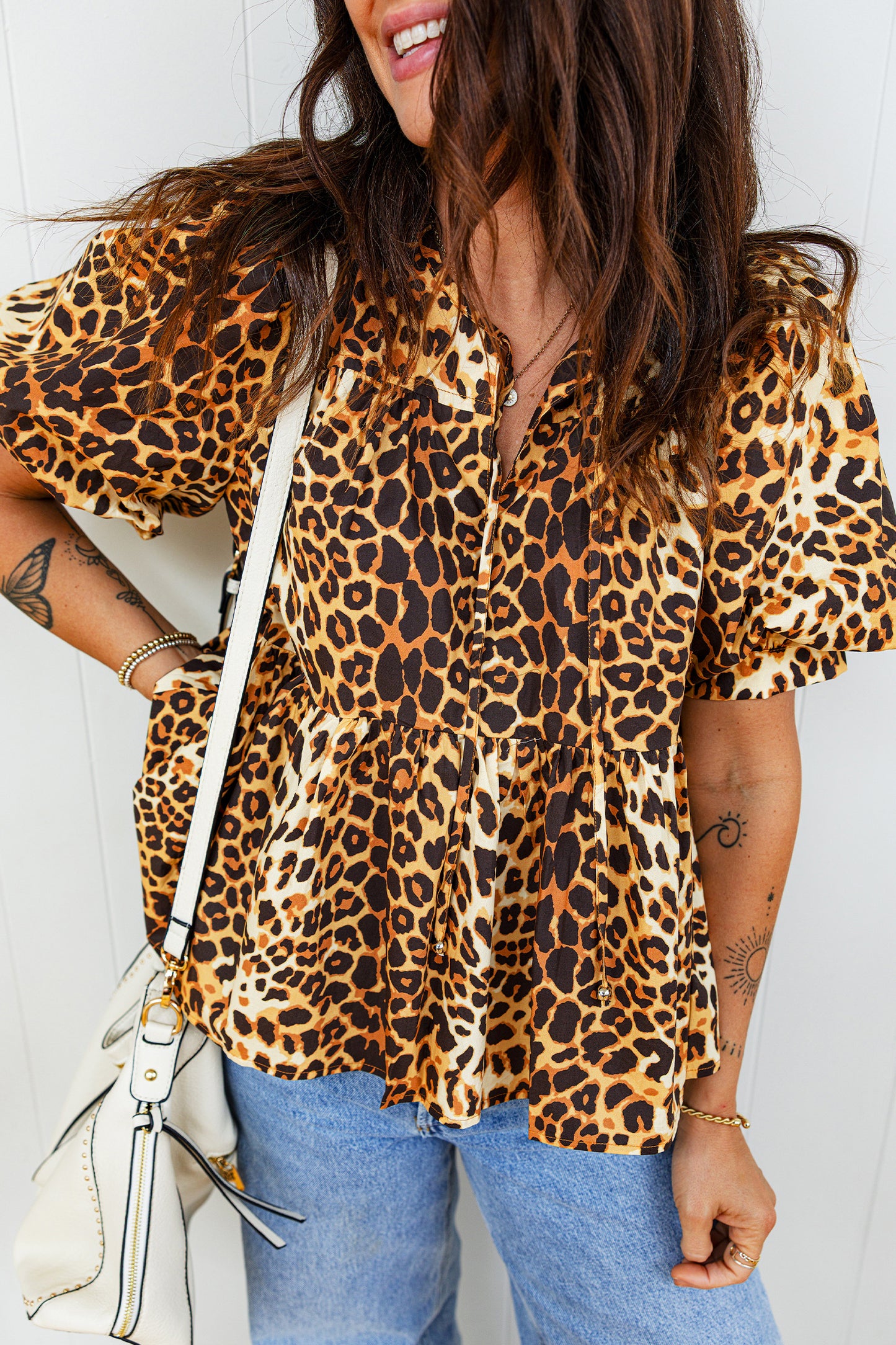 Leopard Print Babydoll Blouse Puff Sleeve Slit Neck Top (S–XL)