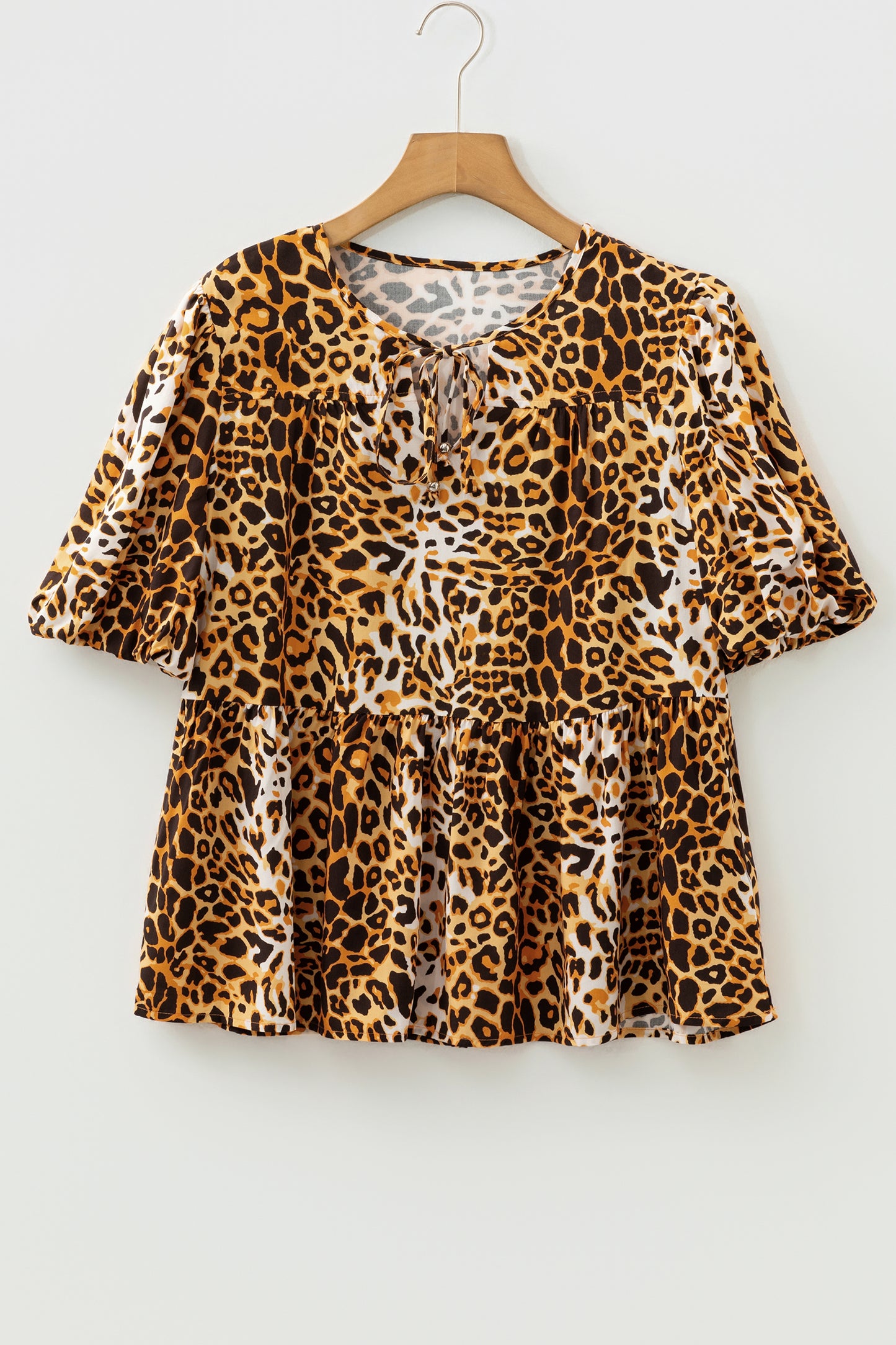 Leopard Print Babydoll Blouse Puff Sleeve Slit Neck Top (S–XL)