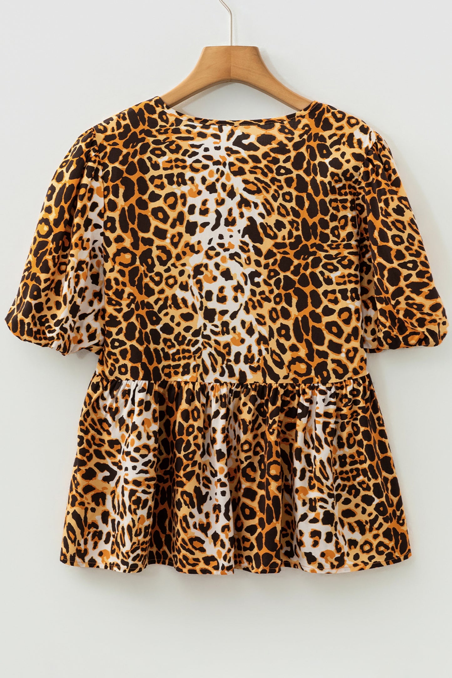 Leopard Print Babydoll Blouse Puff Sleeve Slit Neck Top (S–XL)