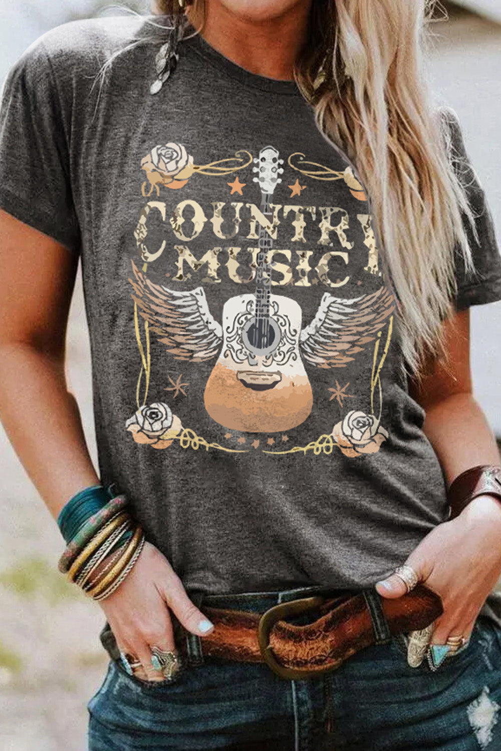 Country Music Graphic Tee Gray Guitar Western T-Shirt (S–3XL)