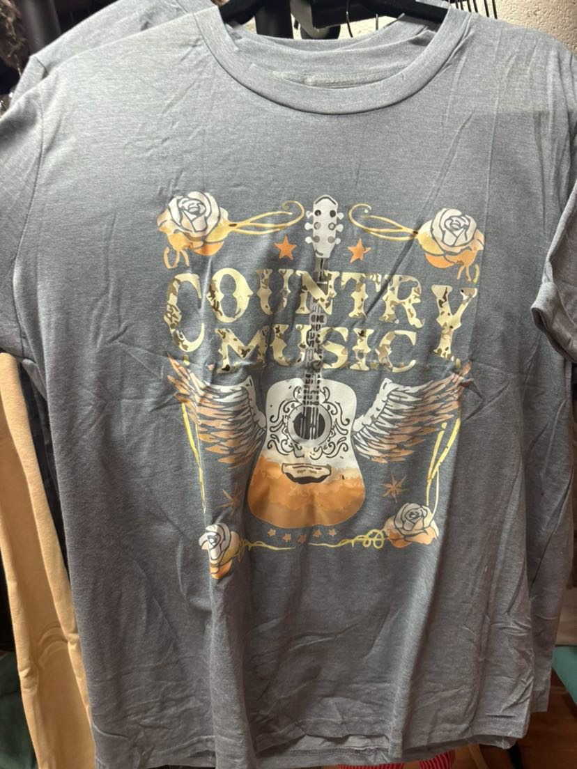 Country Music Graphic Tee Gray Guitar Western T-Shirt (S–3XL)