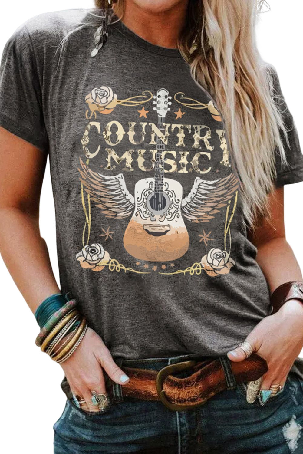 Country Music Graphic Tee Gray Guitar Western T-Shirt (S–3XL)