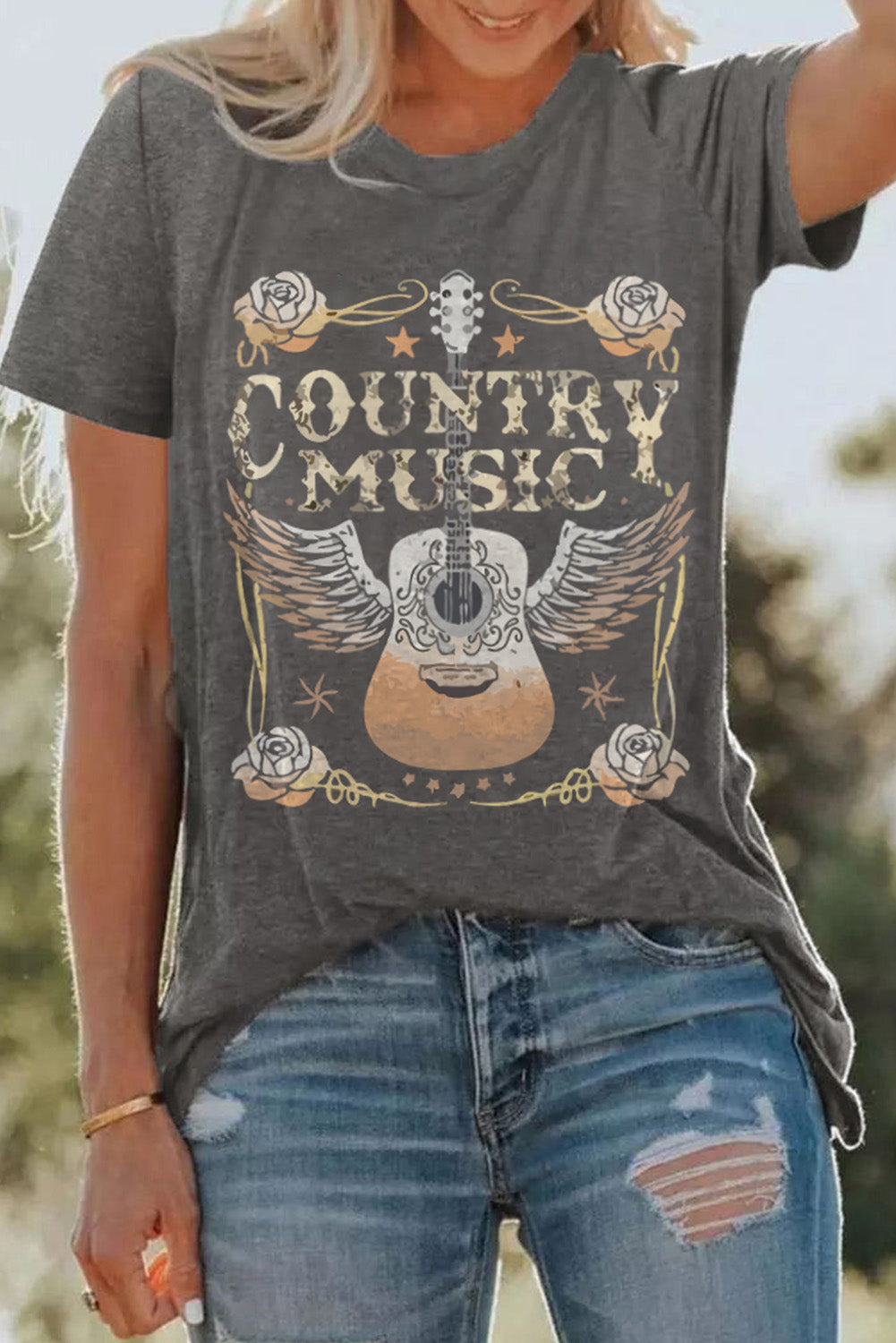 Country Music Graphic Tee Gray Guitar Western T-Shirt (S–3XL)