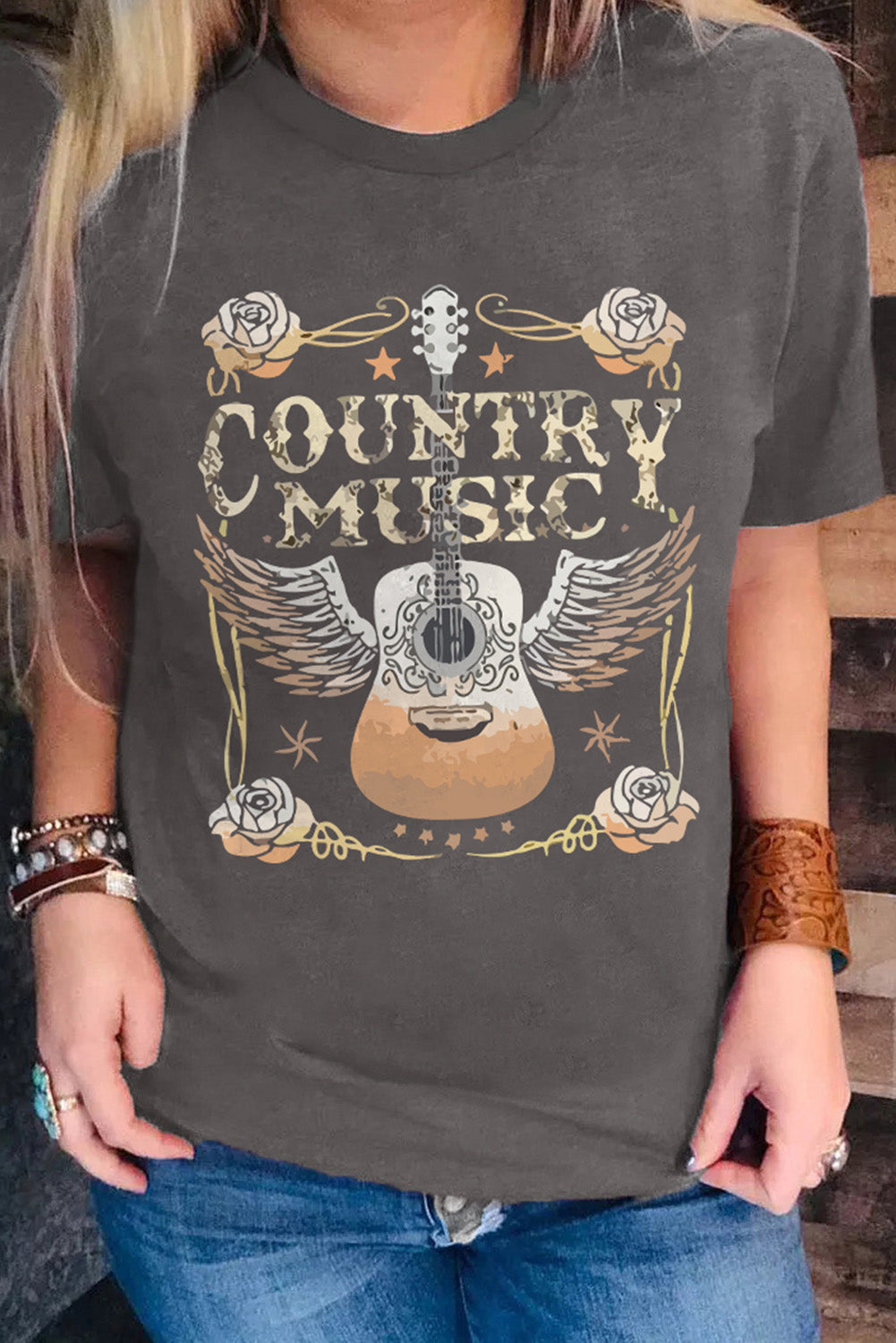 Country Music Graphic Tee Gray Guitar Western T-Shirt (S–3XL)