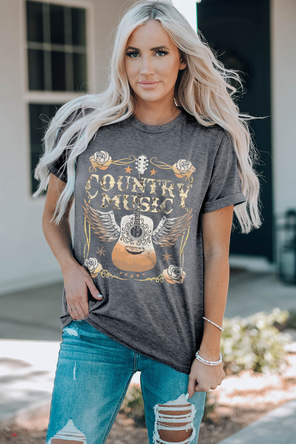 Country Music Graphic Tee Gray Guitar Western T-Shirt (S–3XL)