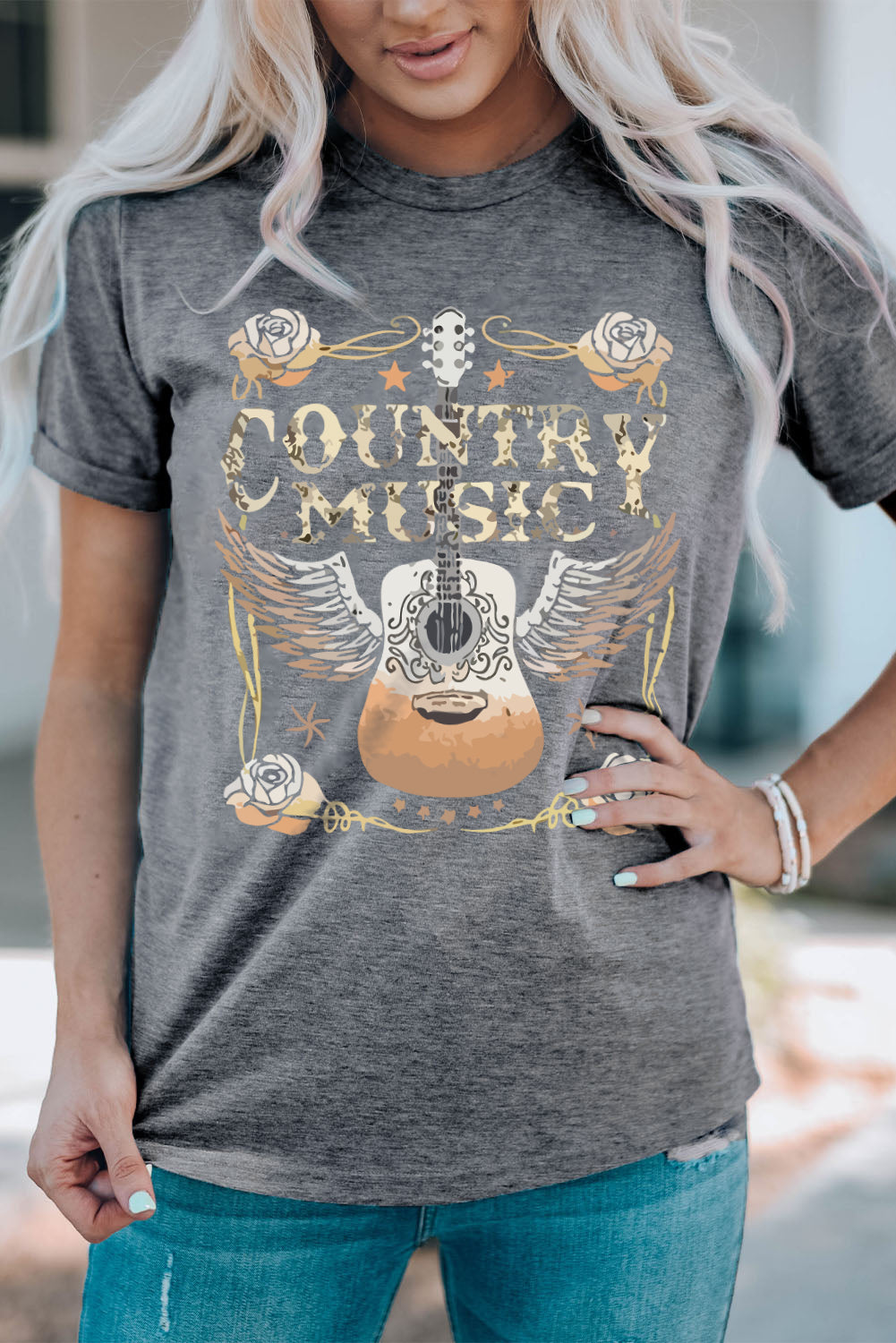 Country Music Graphic Tee Gray Guitar Western T-Shirt (S–3XL)