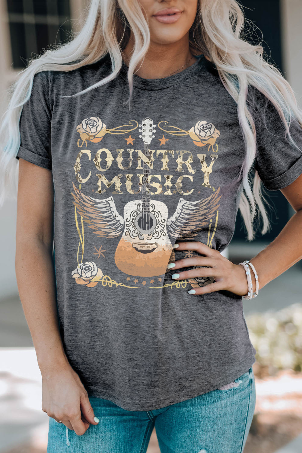 Country Music Graphic Tee Gray Guitar Western T-Shirt (S–3XL)