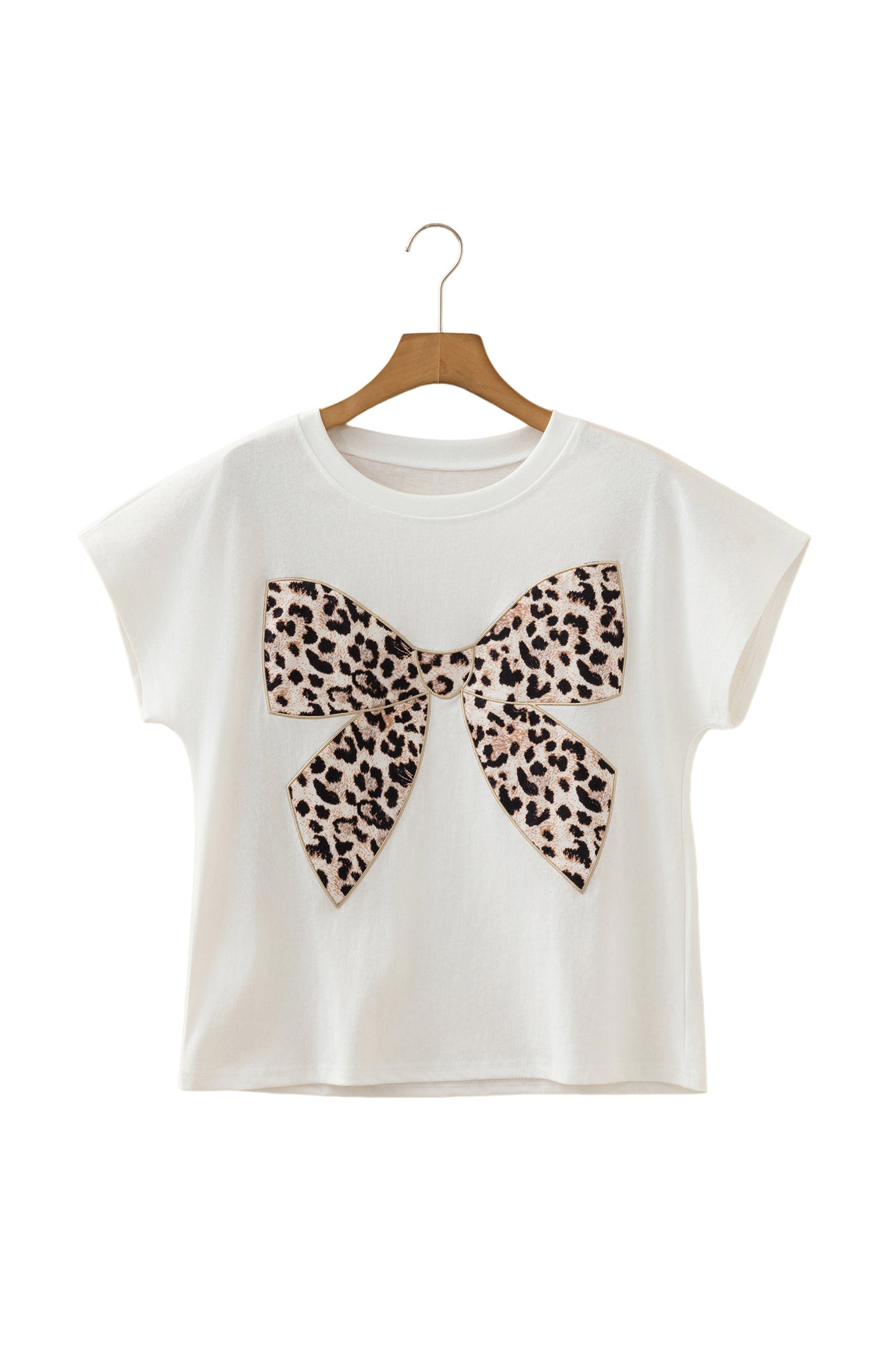 Leopard Bow Graphic Tee Embroidered Bow Cotton T-Shirt (Black, White & Pink, S–XL)