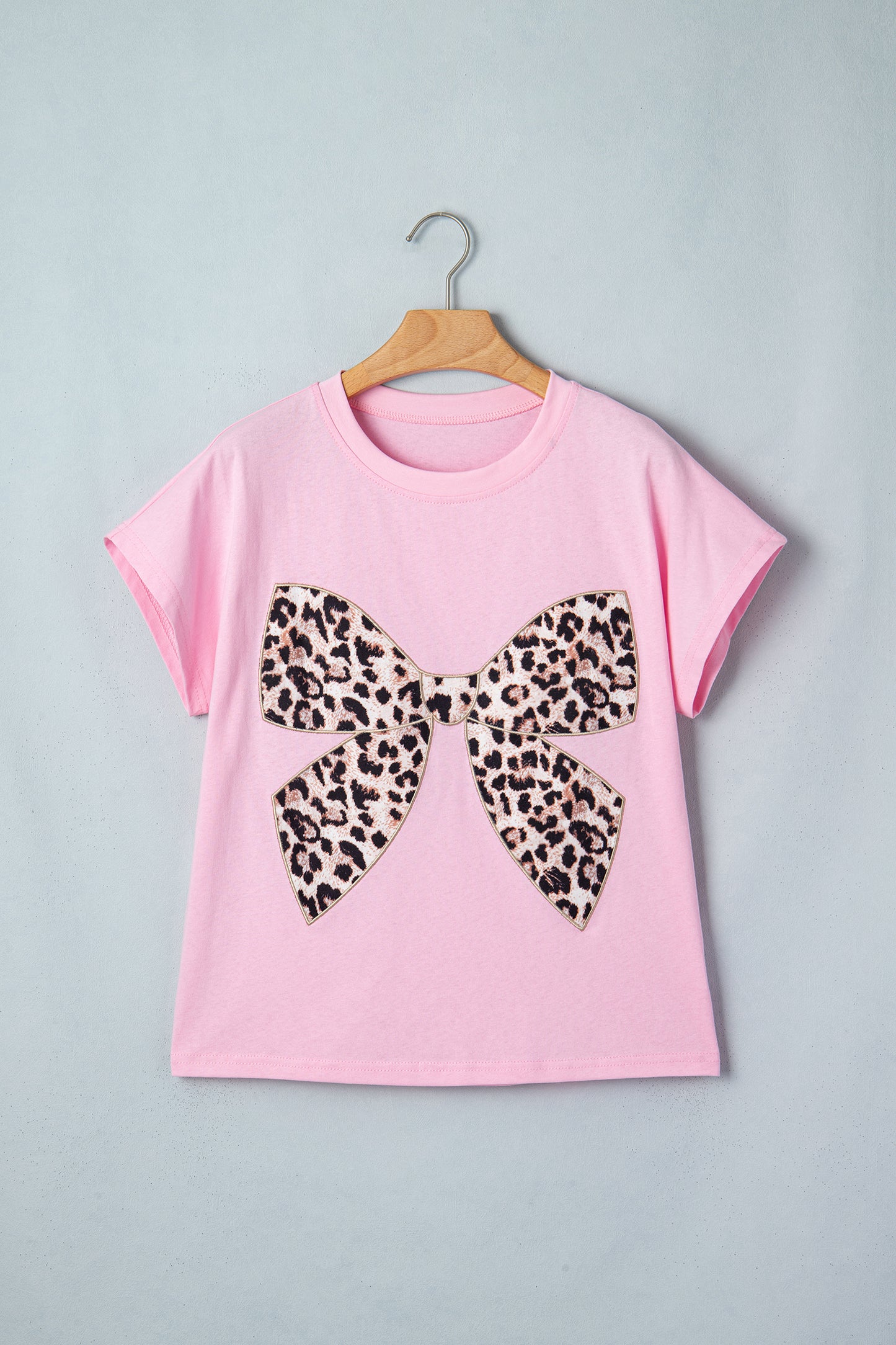 Leopard Bow Graphic Tee Embroidered Bow Cotton T-Shirt (Black, White & Pink, S–XL)