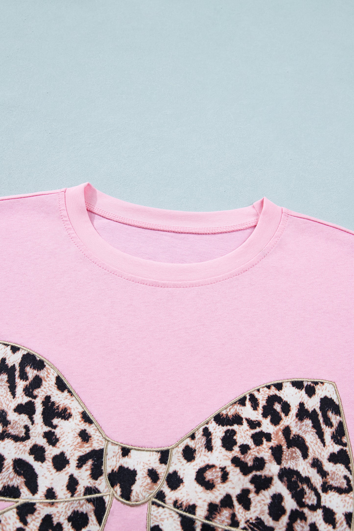 Leopard Bow Graphic Tee Embroidered Bow Cotton T-Shirt (Black, White & Pink, S–XL)
