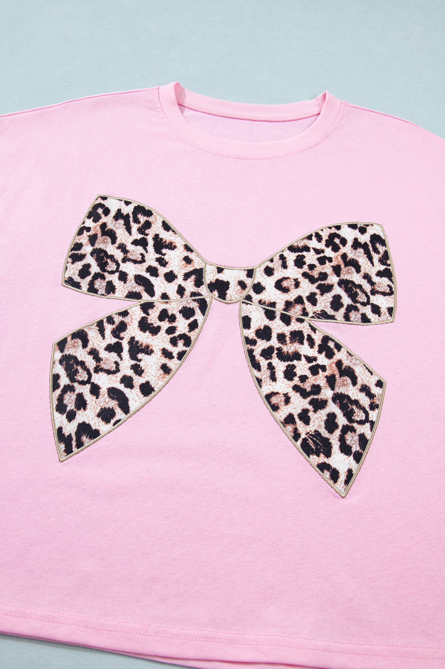 Leopard Bow Graphic Tee Embroidered Bow Cotton T-Shirt (Black, White & Pink, S–XL)
