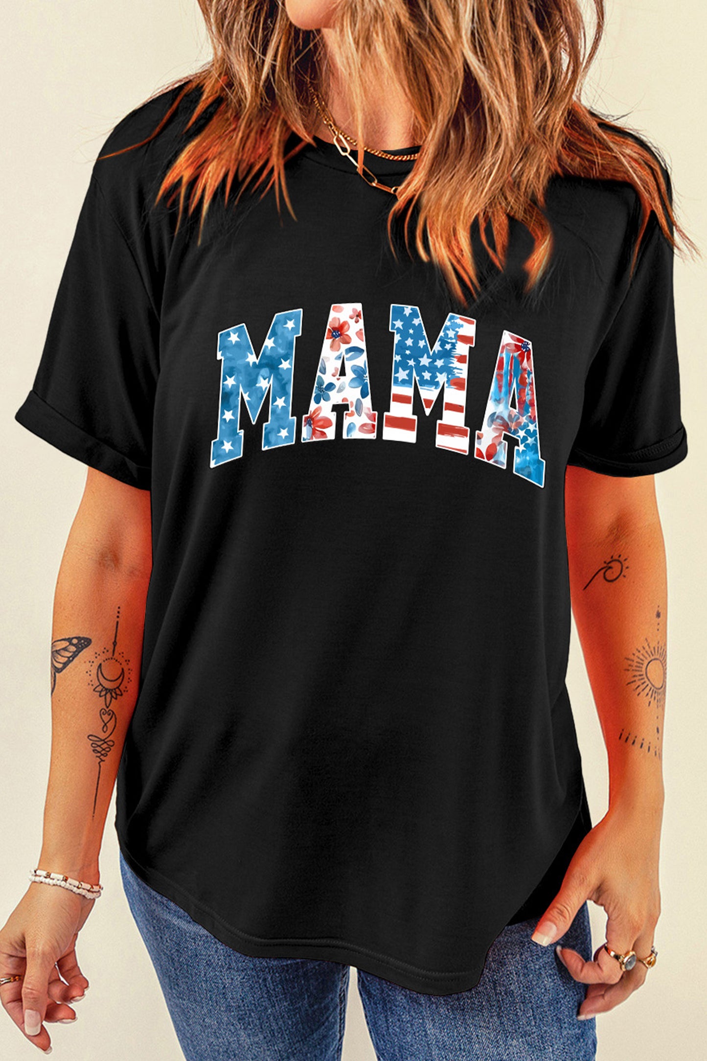 MAMA Patriotic Graphic Tee – Black Floral American Flag Shirt (S–3XL)