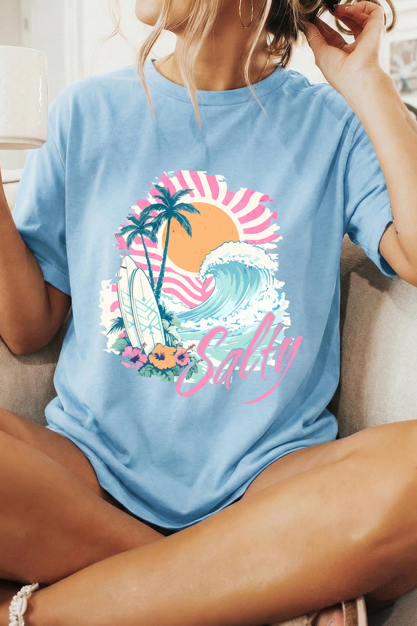 Salty Beach Graphic Tee Light Blue Summer Vacation Surf Shirt (S–3XL)