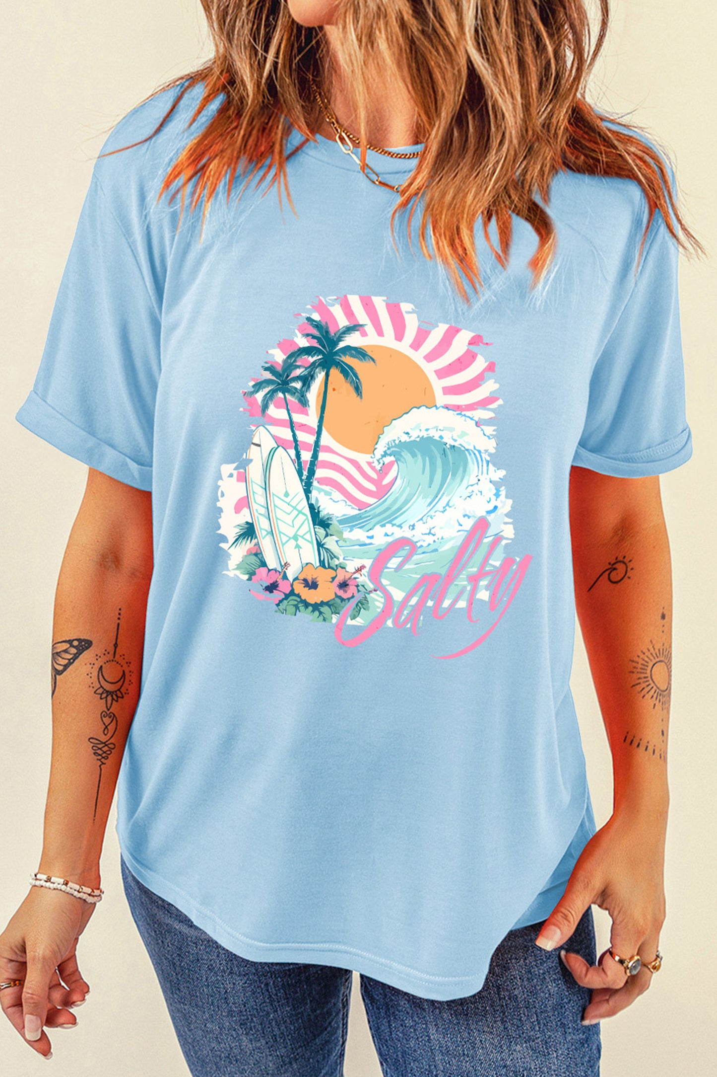 Salty Beach Graphic Tee Light Blue Summer Vacation Surf Shirt (S–3XL)