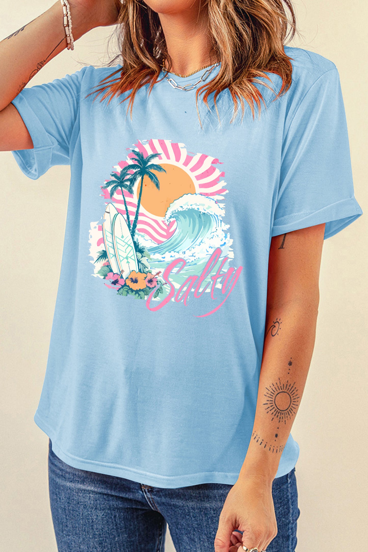 Salty Beach Graphic Tee Light Blue Summer Vacation Surf Shirt (S–3XL)