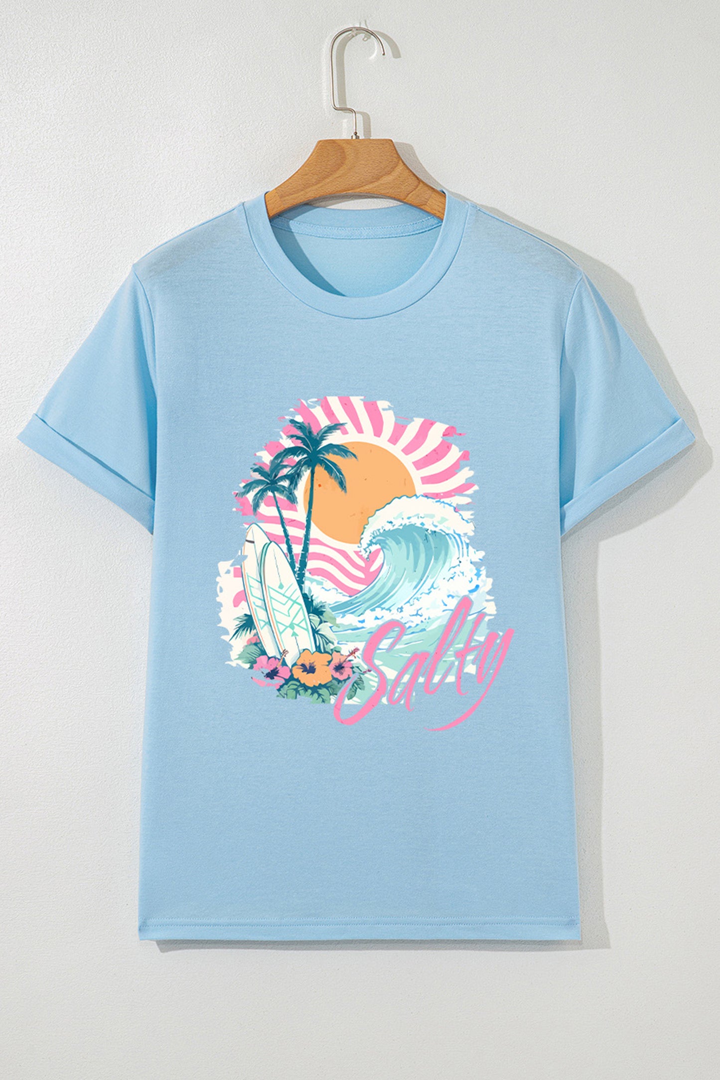 Salty Beach Graphic Tee Light Blue Summer Vacation Surf Shirt (S–3XL)