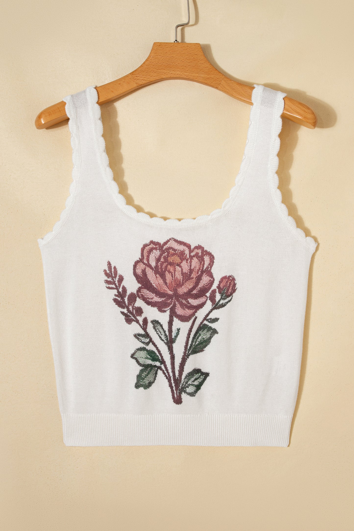Retro Floral Knit Sweater Vest White Scalloped Trim Tank Top (S–XL)