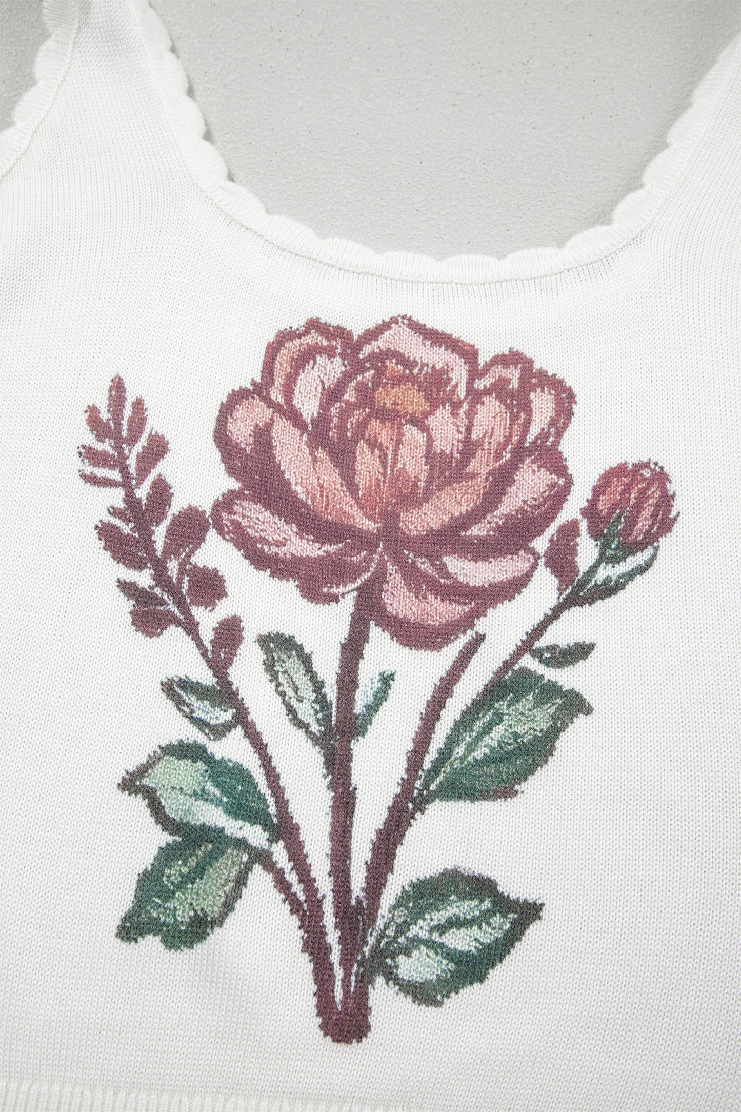 Retro Floral Knit Sweater Vest White Scalloped Trim Tank Top (S–XL)