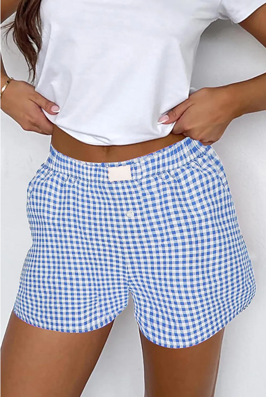 Blue Gingham Printed High Waist Shorts