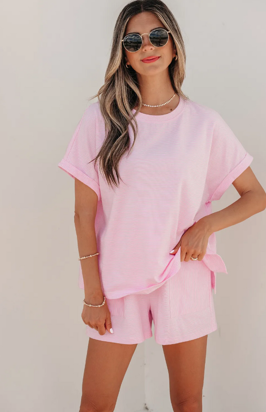Pink Stripe Matching Oversized Tee and Drawstring Shorts Set