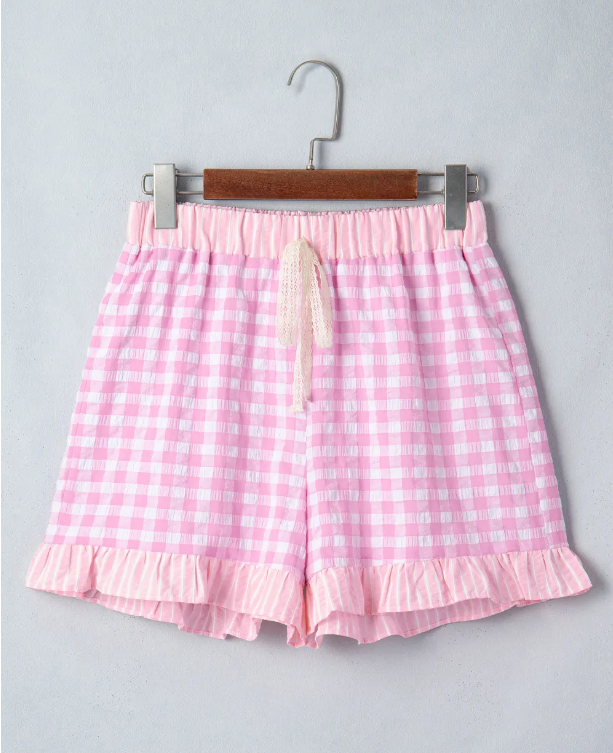 Pink Gingham Print Ruffle Striped Detail Lace Tie Shorts