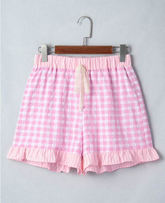 Pink Gingham Print Ruffle Striped Detail Lace Tie Shorts