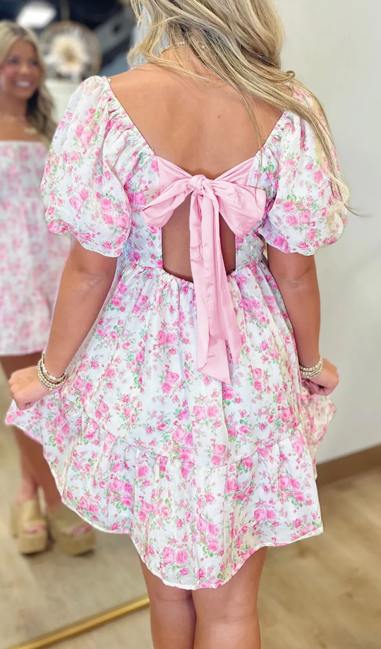 Pink Floral Print Square Neck Ribbon Knot Back Mini Dress